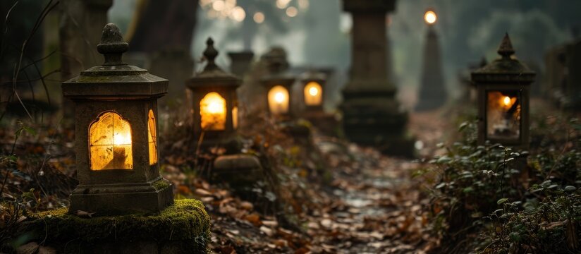 Lanterns illuminate three animal burial plots.
