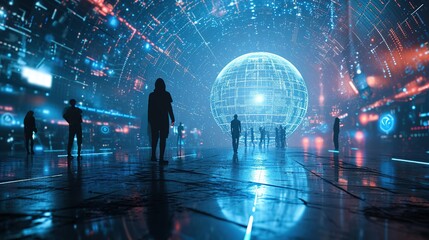 Global hologram, business people and digital transformation with scifi, cyberpunk or information technology light innovation background. Futuristic