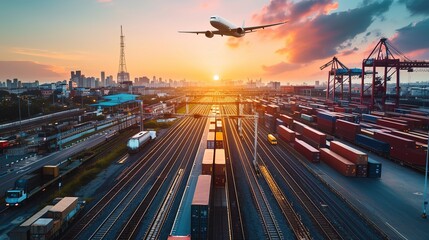 global logistic network distribution and transportation intelligent logistics of truck airplane and train container cargo ship, Logistic industry and import export - obrazy, fototapety, plakaty