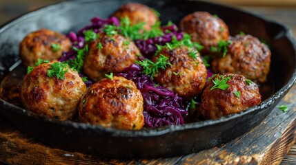 Frikadeller - Danish meatballs, pan-fried and served with red cabbage