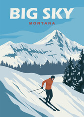 big sky resort montana vintage poster illustration design, ski poster background design - obrazy, fototapety, plakaty