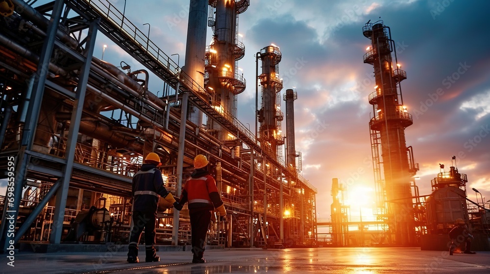 Poster group of workers professional equipment in a petroleum refinery - modern buildings and industrial facilities for the production of fuel and gas