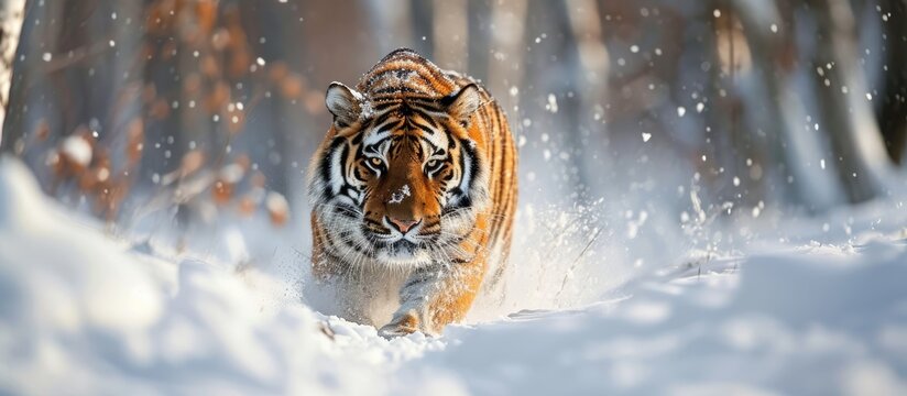 Siberian tiger hunting prey in snowy winter.