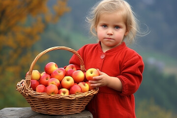 Serious Girl in Red Dress Holding Basket of Apples. Autumn Harvest Beauty and Abundance