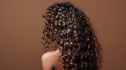 Haircare, back and beauty of woman with curly hair in studio isolated on a brown background. Texture, growth and female model with salon treatment for hairstyle, balayage or extensions and highlights