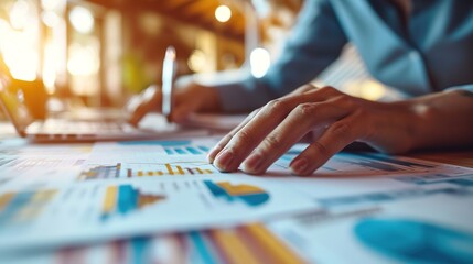 Fototapeta premium Hands, analytics and planning for business graphs, strategy or statistics in team marketing at the office. Hand of people analyzing data, charts and paperwork with company documents at the workplace