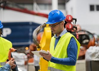 Modern factory: Male engineer project manager standing wearing safety jackets, helmets, working in...