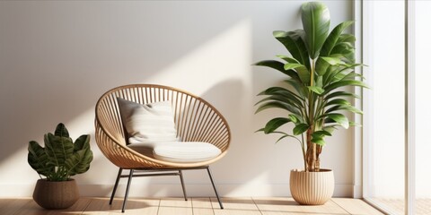 Modern minimalist living space with a rattan chair, white shelving unit, and houseplants.