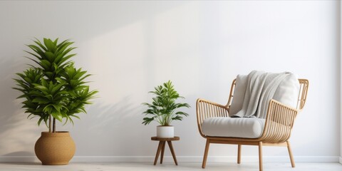 Modern minimalist living space with a rattan chair, white shelving unit, and houseplants.