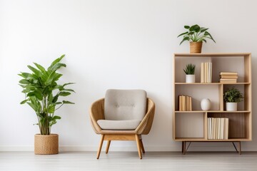 Modern minimalist living space with a rattan chair, white shelving unit, and houseplants.