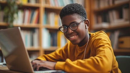 Happy African American teen student elearning at home on pc, writing notes. Smiling teenage boy using laptop watching webinar, hybrid learning english online virtual class