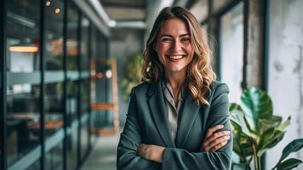 Happy, business leader and woman with a smile in success with crossed arms in a light office. Portrait of a professional and confident white female employee in leadership and management at a company - obrazy, fototapety, plakaty