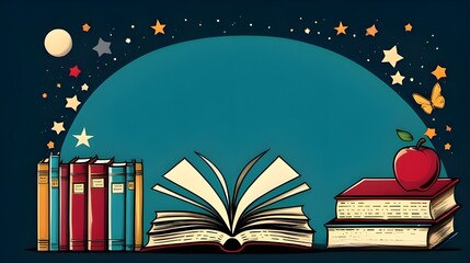 Graphic illustration banner or template with copy space background for World Book Day and copyright concept. World Book Day changes lives through a love of books and reading. Love of books