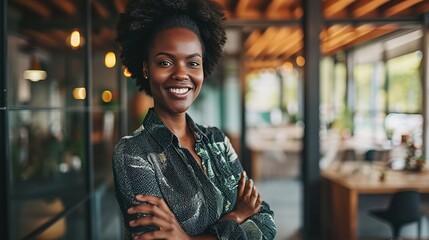 Happy human resources manager smile, leadership and vision for success. Portrait of a black business woman standing arms crossed, smiling and feeling positive while working in an startup office