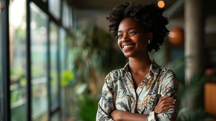 Happy human resources manager smile, leadership and vision for success. Portrait of a black business woman standing arms crossed, smiling and feeling positive while working in an startup office - obrazy, fototapety, plakaty