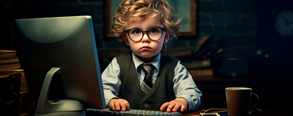 Boy child with curly hair with focused expression wearing glasses and business suit sits at computer with hands on keyboard. Development of children's skills. Office work. Personnel management