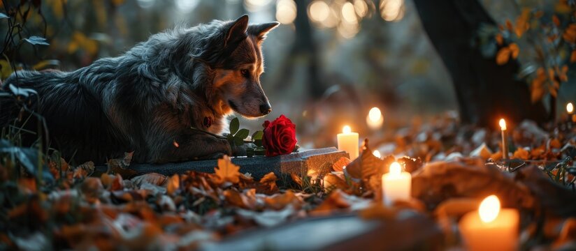 Pet cemetery with candles and a red rose on dog's grave.