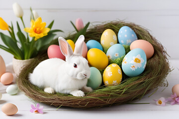 Easter Postcard a fluffy white rabbit next to a basket of Easter eggs and mimosa flowers.