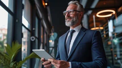 Fototapeta premium Happy middle aged business man ceo wearing suit standing in office using digital tablet. Smiling mature businessman professional executive manager looking away thinking working on tech device