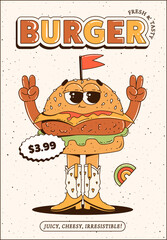 Cool burger poster in retro groovy style. Trendy cartoon illustration. Maskot for cafes, bars, restaurants.