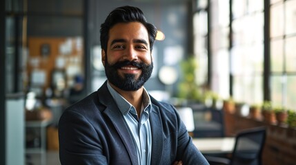Fototapeta premium Happy smiling bearded indian business man small business owner, company leader or sales manager, male hispanic ceo executive, successful lawyer looking at camera standing in office, headshot portrait