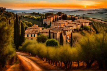 Tuscan road near Siena at sunset, an ancient cobblestone road leading to a medieval castle, the sun casting a warm glow on the stone walls - obrazy, fototapety, plakaty