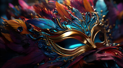 A masquerade carnival mask with vibrant colored feathers, the festive atmosphere of Mardi Gras