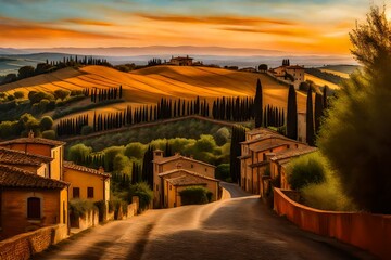 Tuscan road near Siena at sunset, an ancient cobblestone road leading to a medieval castle, the sun casting a warm glow on the stone walls