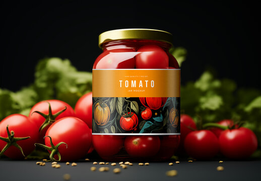 Glass Jar Mockup with Tomato Label &ndash; Realistic Front View for Food Packaging, Sauce Branding, or Organic Product Presentation
