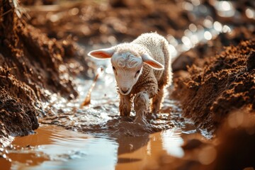 Solitary White Lamb Walking a Muddy Path