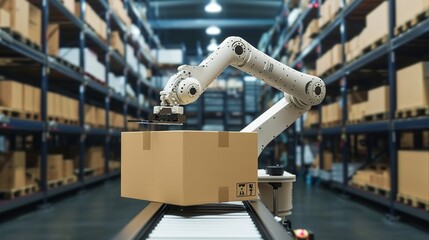 Industrial robot arm grabbing the cardboard box on roller conveyor rack with storage warehouse background. Technology and artificial intelligence innovation