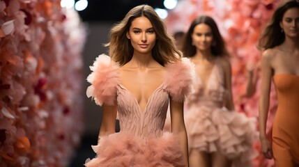 A model strides down the runway in a voluminous peach gown, surrounded by an attentive audience at a high-fashion event.