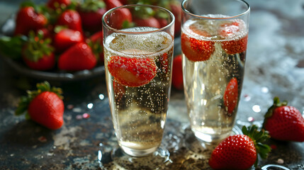Two glasses filled with sparkling wine and strawberries, with a bowl of strawberries on a rustic wood surface and a bokeh background