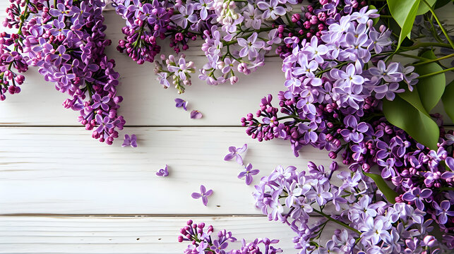 Fresh lilac flowers with rich purple hues lying on a white, weathered wooden background with peeling paint.