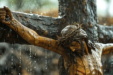 Jesus in Heavy Rain: Crucifixion of Wooden Statue in Gritty Atmosphere