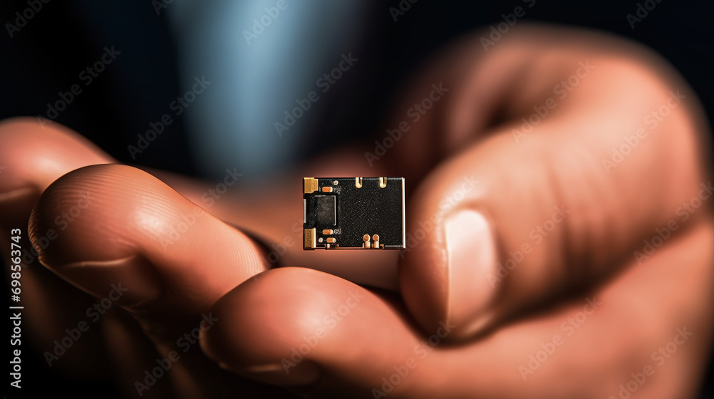 Poster man holding microchip for ai development
