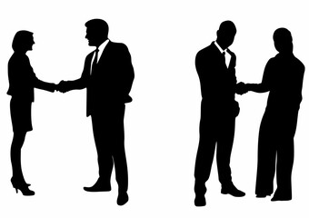 set of silhouettes of business people shaking hands on a white background