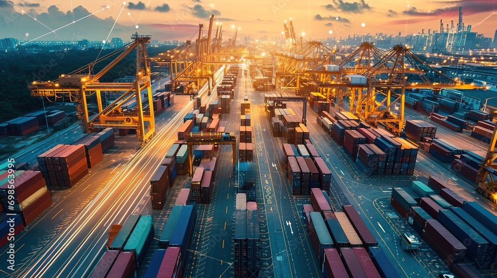 Poster Logistics and transportation, Network distribution of Container Cargo, Ui, Smart logistics, shipping, Online goods orders worldwide, Innovation future