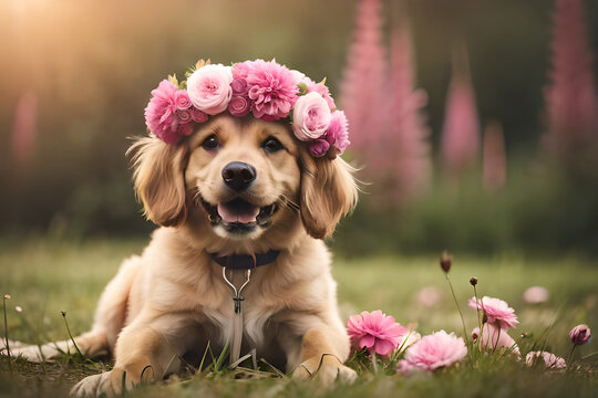 Cute fluffy puppy with a wreath of pink flowers on his head. Created with Generative AI technology