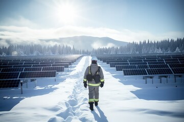 A construction worker walks through a solar field with solar panels