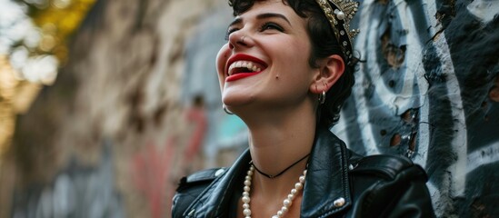 Stylish woman with crown and pearls, smiling confidently in leather jacket. - obrazy, fototapety, plakaty