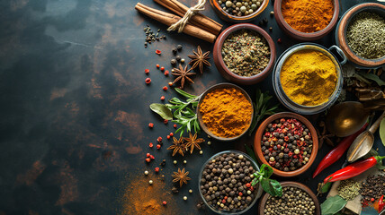 Various kinds of spices on a table. AI generated.