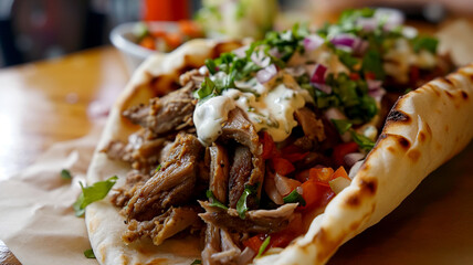 Shallow depth of field (selective focus) image with a tasty doner kebab. Generative AI. - obrazy, fototapety, plakaty
