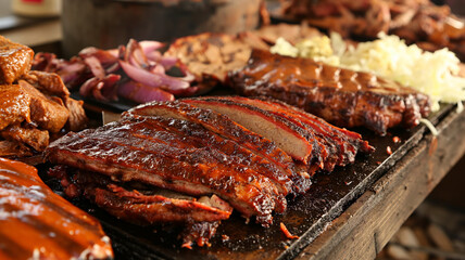 Shallow depth of field (selective focus) image with a tasty grilled beef brisket, cooked in the american way. Generative AI