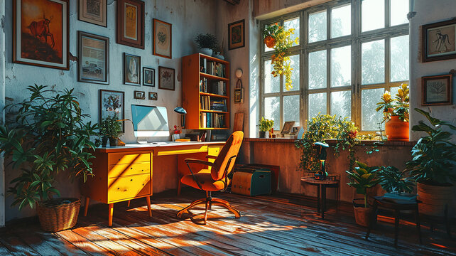 Artistic home offices filled with sunlight, lush indoor plants, creative workspaces flooded with natural light, stylish interior design surrounded by modern art and greenery, and Generative AI