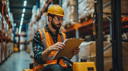 Logistics worker reading a clipboard while moving goods with a pallet jack in a warehouse