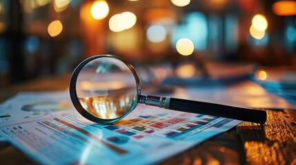Magnifying glass and documents with analytics data lying on table,selective focus - obrazy, fototapety, plakaty