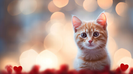 Cute cat on heart shape bokeh background