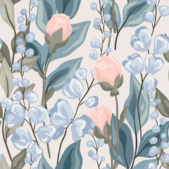 Seamless floral pattern, delicate botanical print with wild plants. Romantic design with hand drawn small rose flowers, large branches, leaves, foliage on a light blue field. Vector flower ornament.