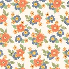 Seamless floral pattern, liberty ditsy print with decorative art flora in a folk motif. Cute botanical design: hand drawn large daisy flowers, small flowers, leaves, bouquets on light. Vector ornament